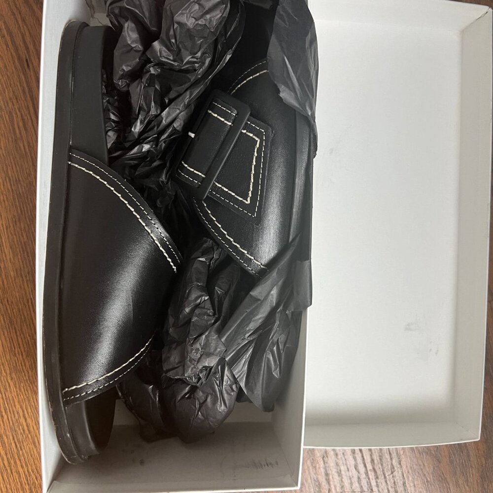 COS CONTRAST-STITCH BUCKLED LEATHER SLIDES